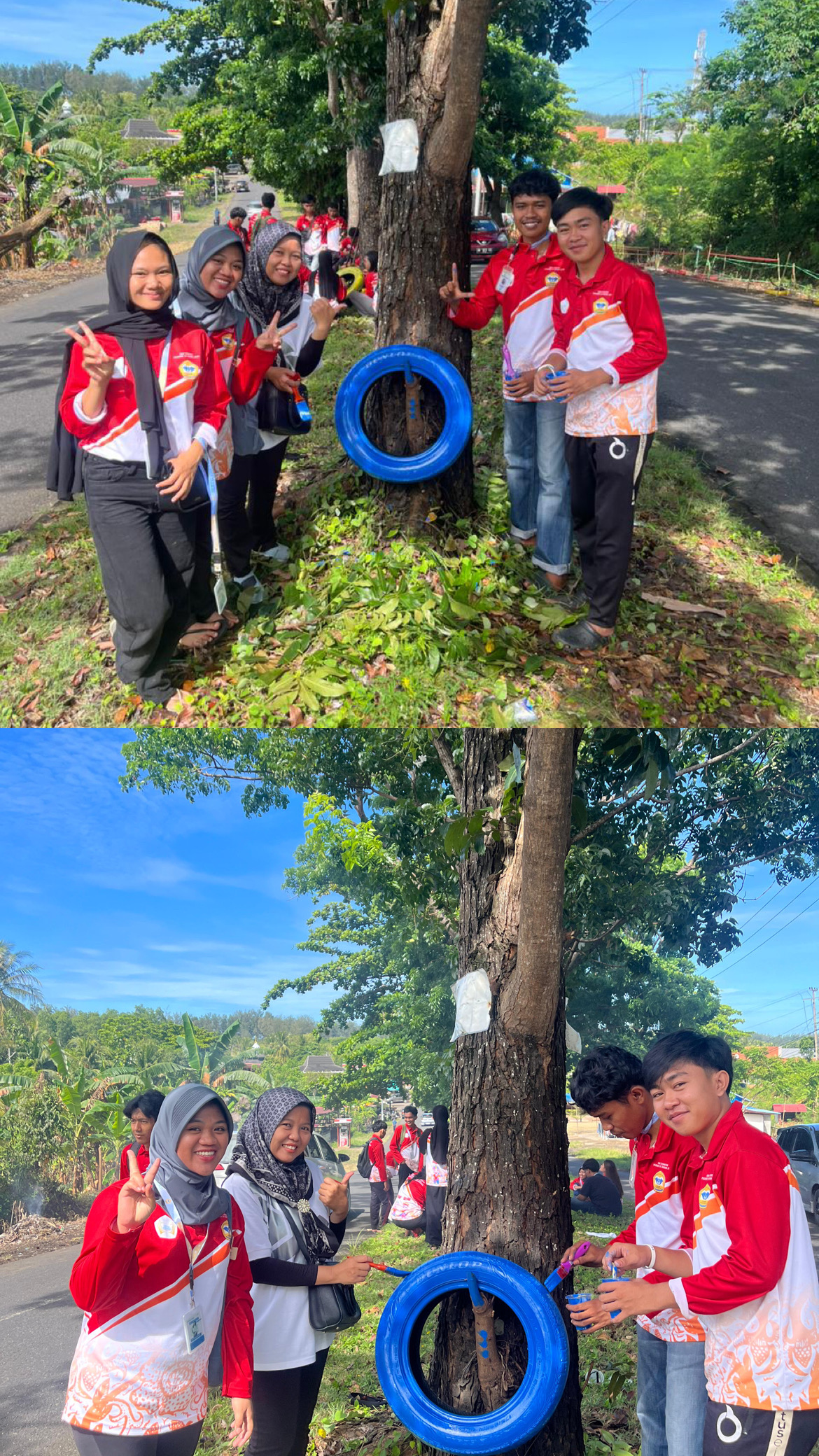 kegiatan mengecat ban untuk pembuatan taman di lempuing kota bengkulu