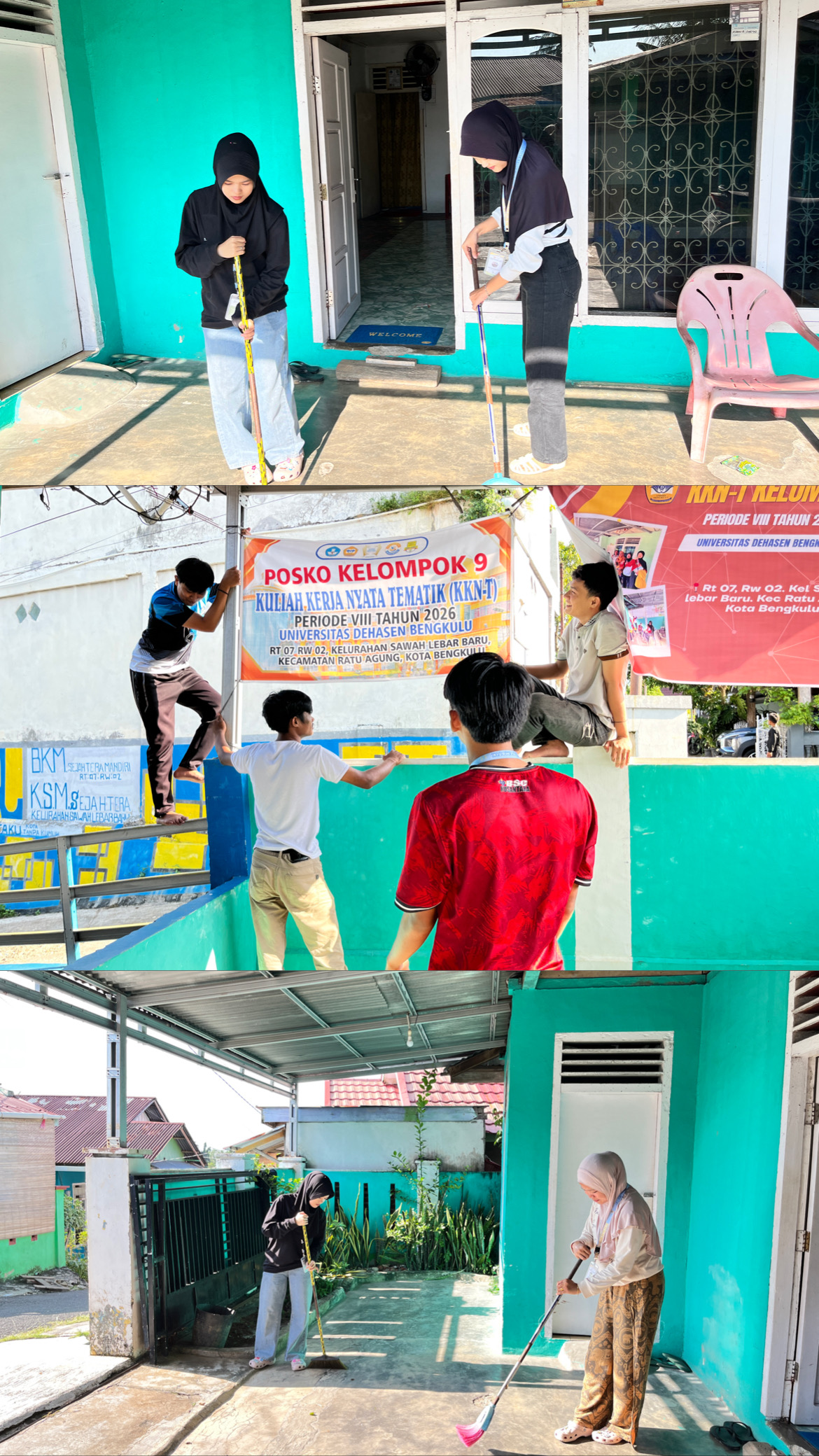 Gotong Royong Bersih Bersih Posko Persiapan Sosialisasi Sampah KKN Kelompok 9 di RT 07 RW 02