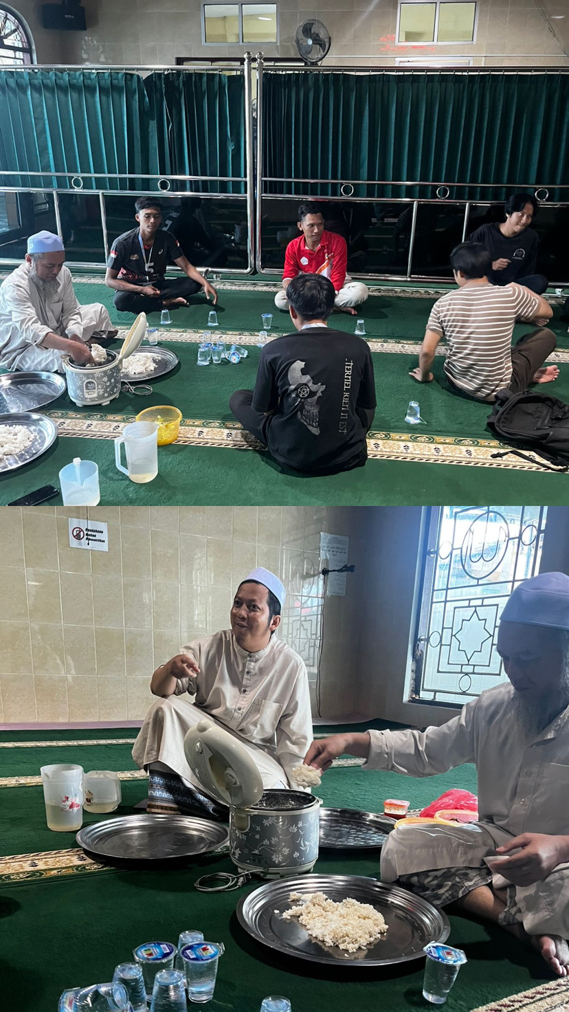 makan siang setelah shalat dzuhur berjamaah di masjid nurul islam bersama pengurus masjid nurul islam  dan ustad