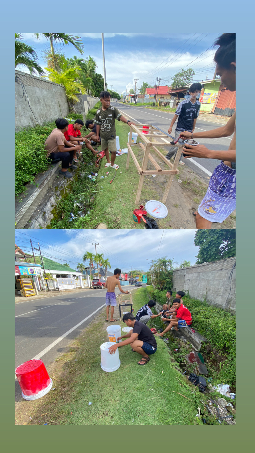 proses pengecatan tempat sampah untuk kenangan di kantor lurah kelurahan anggut bawah